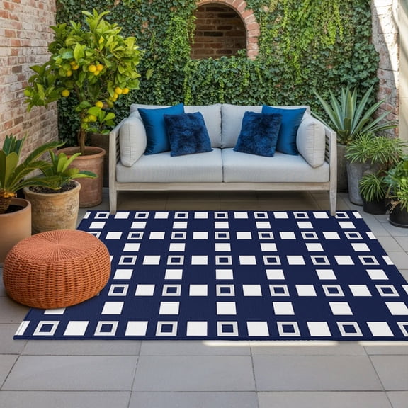 Outdoor Rug 3x5 ft Navy Blue Blocks Squares Outdoor Large Area Rug Non Slip Rubber Modern Geometric Plaid Front Door Mat RV Rug Camping Carpet Patio Outdoor Rugs for Backyard Balcony Deck Porch