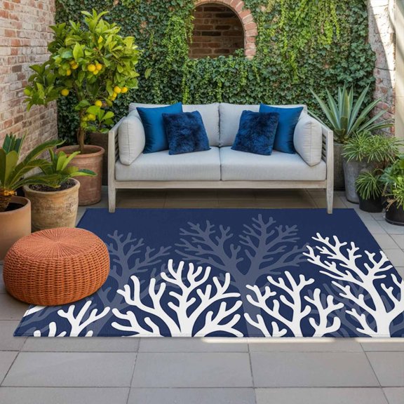 Outdoor Rug 3x5 ft Navy Blue Coastal Coral Reef Outdoor Large Area Rug Non Slip Rubber Ocean Marine Life Seaweed Front Door Mat RV Rug Carpet Patio Outdoor Rugs for Backyard Balcony Deck Porch