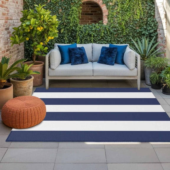 Outdoor Rug 3x5 ft Navy Blue Stripe Outdoor Large Area Rug Non Slip Rubber Simple Style Striped Front Door Mat RV Rug Camping Carpet Patio Outdoor Rugs for Backyard Balcony Deck Porch Indoor