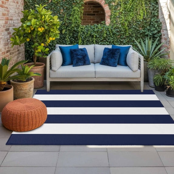 Outdoor Rug 3x5 ft Navy Blue Stripe Outdoor Large Area Rug Non Slip Rubber Simple Style White Striped Front Door Mat RV Rug Camping Carpet Patio Outdoor Rugs for Backyard Balcony Deck Porch Indoor