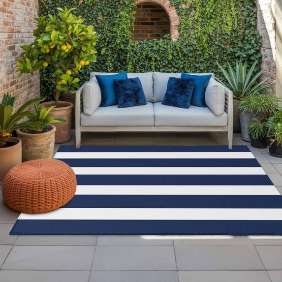 Outdoor Rug 3x5 ft Navy Blue Stripes Outdoor Large Area Rug Non Slip Rubber Simple Striped Front Door Mat RV Rug Camping Carpet Patio Outdoor Rugs for Backyard Balcony Deck Porch Indoor