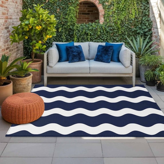 Outdoor Rug 3x5 ft Navy Blue and White Stripes Outdoor Large Area Rug Non Slip Rubber Sea Wave Front Door Mat RV Rug Camping Carpet Patio Outdoor Rugs for Backyard Balcony Deck Porch Indoor