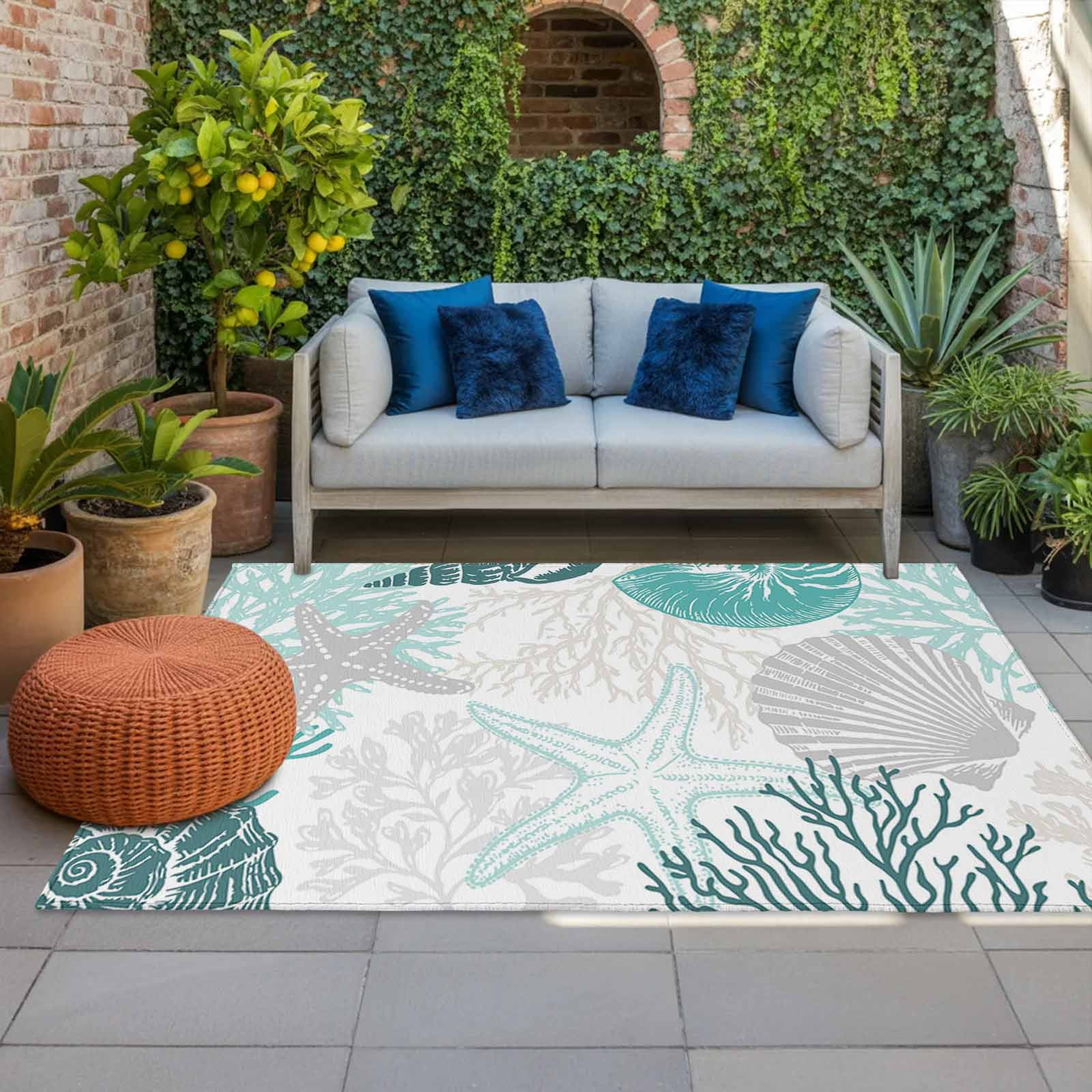 Shell Shaped Rug Extra Large Outdoor Rug 3x5 ft Ocean Coral Starfish Outdoor Large Area Rug Non Slip ...