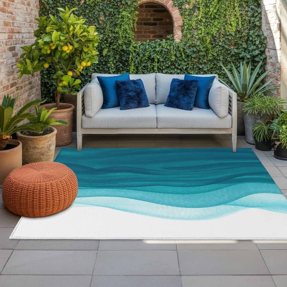 Outdoor Rug 3x5 ft Ombre Turquoise Waves Outdoor Large Area Rug Non Slip Rubber Abstract Gradient Color Front Door Mat RV Rug Camping Carpet Patio Outdoor Rugs for Backyard Balcony Deck Porch Indoor
