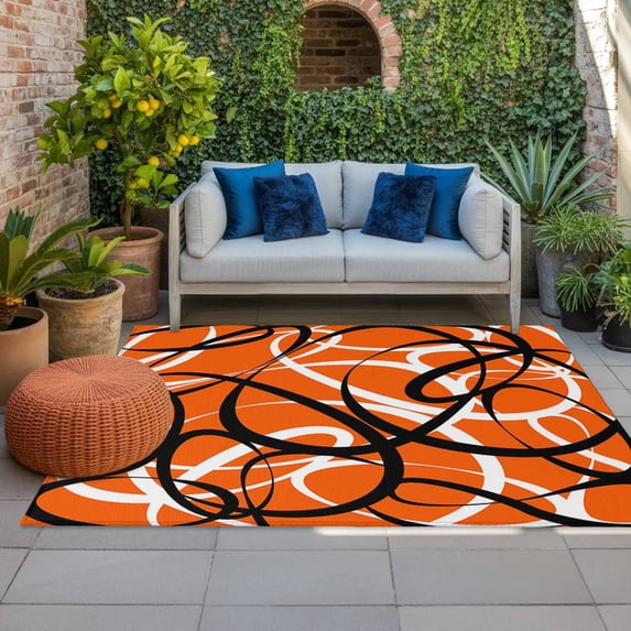 Outdoor Rug 3x5 ft Orange Black Circle Lines Outdoor Large Area Rug Non Slip Rubber Stripe Modern Abstract Art Front Door Mat RV Rug Carpet Patio Outdoor Rugs for Backyard Balcony Deck Porch Indoor