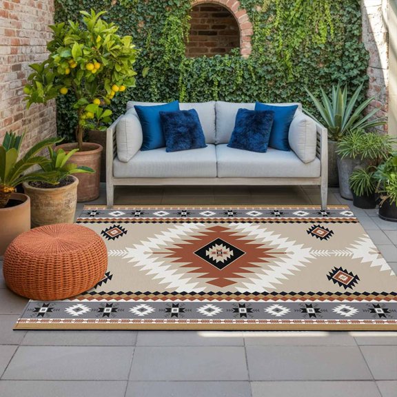 Outdoor Rug 3x5 ft Orange Bohemian Outdoor Large Area Rug Non Slip Rubber Aztec Boho Tribal Style Front Door Mat RV Rug Camping Carpet Patio Outdoor Rugs for Backyard Balcony Deck Porch Indoor
