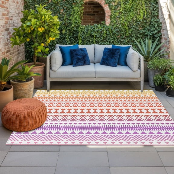Outdoor Rug 3x5 ft Orange Purple Geometric Lines Outdoor Large Area Rug Non Slip Rubber Zigzag Diamonds Arrows Dots Front Door Mat RV Rug Carpet Patio Outdoor Rugs for Backyard Balcony Deck Porch