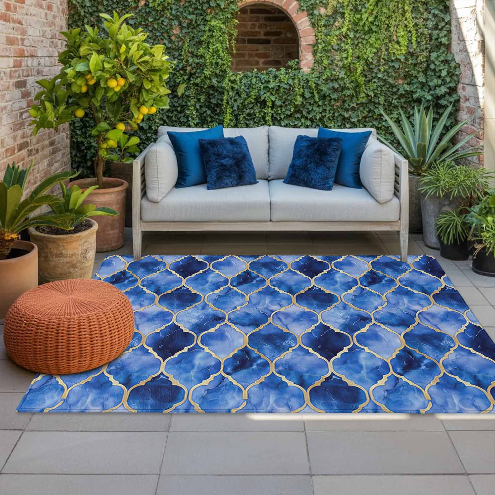 Outdoor Rug 3x5 ft Peacock Blue White Marble Outdoor Large Area Rug Non Slip Rubber Lattice Modern Art Front Door Mat RV Rug Camping Carpet Patio Outdoor Rugs for Backyard Balcony Deck Porch Indoor