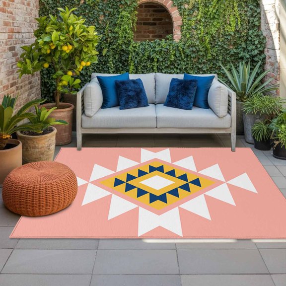 Outdoor Rug 3x5 ft Pink Aztec Outdoor Large Area Rug Non Slip Rubber Boho Western Tribal Pattern Front Door Mat RV Rug Camping Carpet Patio Outdoor Rugs for Backyard Balcony Deck Porch Indoor