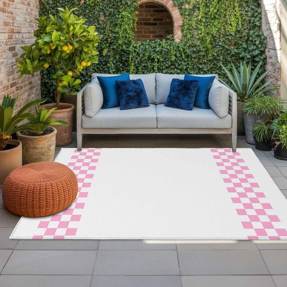Outdoor Rug 3x5 ft Pink Check Plaid Outdoor Large Area Rug Non Slip Rubber Buffalo Farmhouse Style Pattern Front Door Mat RV Rug Carpet Patio Outdoor Rugs for Backyard Balcony Deck Porch Indoor