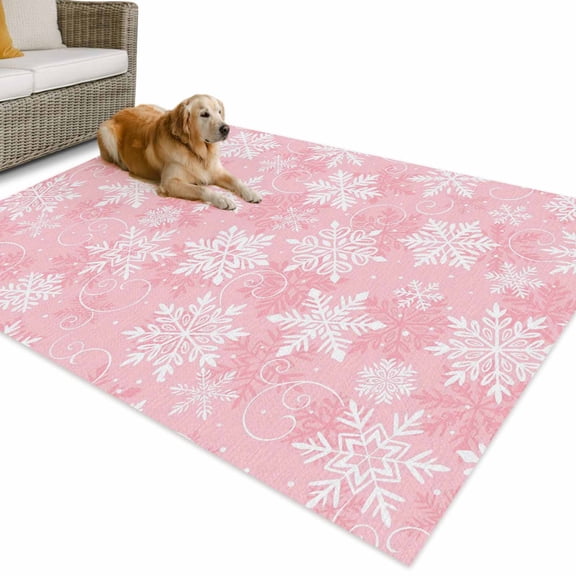 Outdoor Rug 3x5 ft Pink Christmas Snowflakes Waterproof Outdoor Patio Rug Mat Non Slip Outside Area Rugs Carpet for RV,Camping,Porch,Deck,Pool,Balconybackyard,White Winter Snow