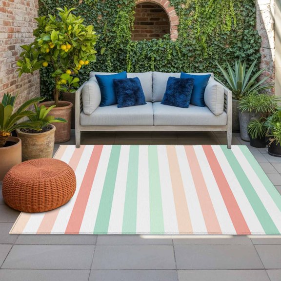 Outdoor Rug 3x5 ft Pink Green Stripes Outdoor Large Area Rug Non Slip Rubber Lines Striped Front Door Mat RV Rug Camping Carpet Patio Outdoor Rugs for Backyard Balcony Deck Porch Indoor