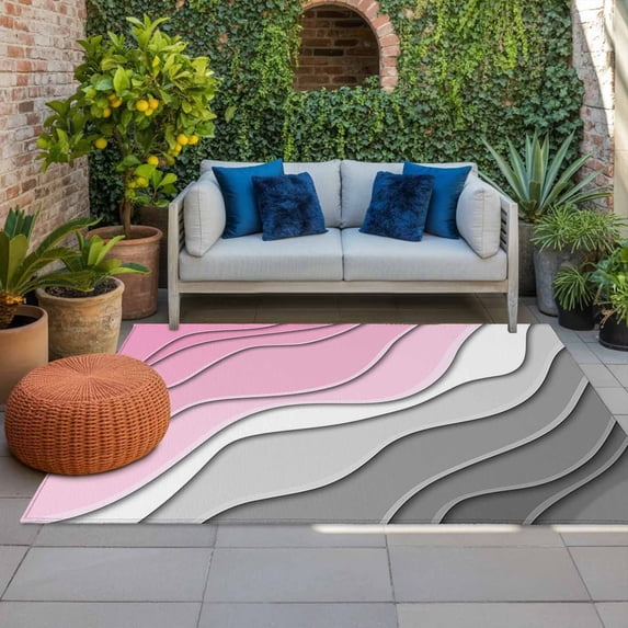 Outdoor Rug 3x5 ft Pink Grey Modern Geometric Outdoor Large Area Rug Non Slip Rubber Abstract Beach Front Door Mat RV Rug Camping Carpet Patio Outdoor Rugs for Backyard Balcony Deck Porch Indoor