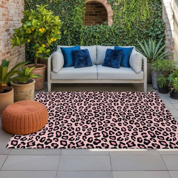 Outdoor Rug 3x5 ft Pink Leopard Print Outdoor Large Area Rug Non Slip Rubber Luxury Animal Fur Pattern Front Door Mat RV Rug Camping Carpet Patio Outdoor Rugs for Backyard Balcony Deck Porch Indoor