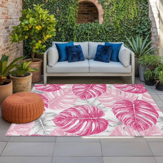 Outdoor Rug 3x5 ft Pink Palm Leaves Outdoor Large Area Rug Non Slip Rubber Tropical Plant Tortoise Front Door Mat RV Rug Camping Carpet Patio Outdoor Rugs for Backyard Balcony Deck Porch Indoor