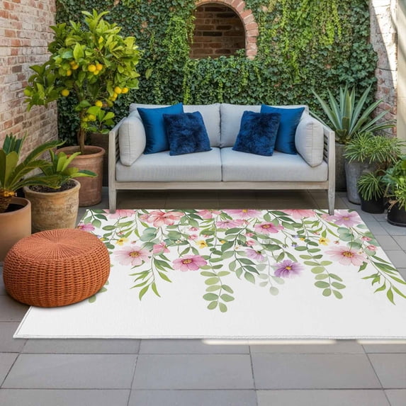 Outdoor Rug 3x5 ft Pink Wildflowers Outdoor Large Area Rug Non Slip Rubber Spring Flowers Leaves Branches Front Door Mat RV Rug Carpet Patio Outdoor Rugs for Backyard Balcony Deck Porch Indoor