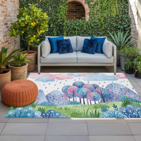 Outdoor Rug 3x5 ft Rain Drop Could Outdoor Large Area Rug Non Slip Rubber Forest Tree Mountain Grassland Front Door Mat RV Rug Camping Carpet Patio Outdoor Rugs for Backyard Balcony Deck Porch