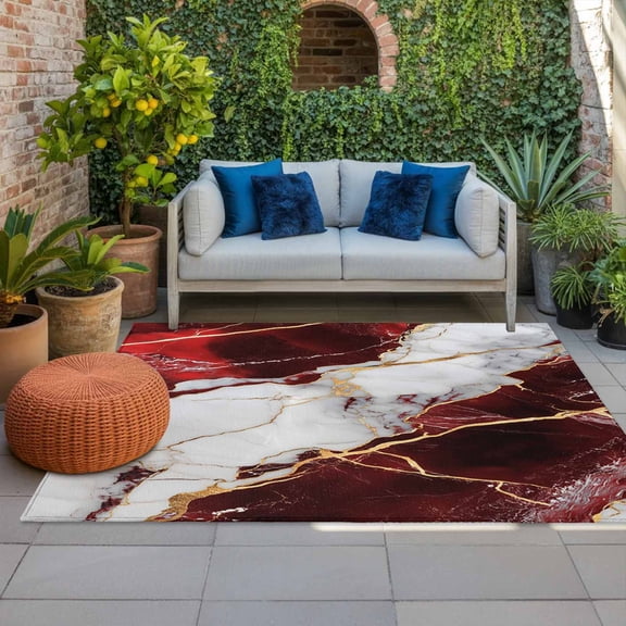 Outdoor Rug 3x5 ft Red Abstract Marble Outdoor Large Area Rug Non Slip Rubber Gold White Modern Front Door Mat RV Rug Camping Carpet Patio Outdoor Rugs for Backyard Balcony Deck Porch Indoor