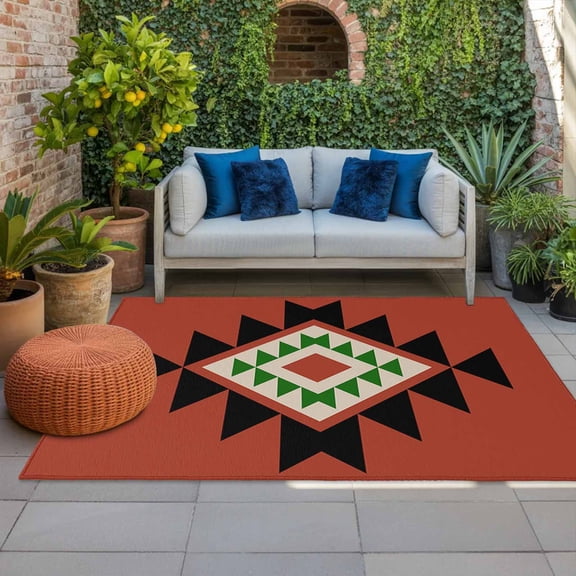 Outdoor Rug 3x5 ft Red Aztec Outdoor Large Area Rug Non Slip Rubber Boho Western Tribal Pattern Front Door Mat RV Rug Camping Carpet Patio Outdoor Rugs for Backyard Balcony Deck Porch Indoor