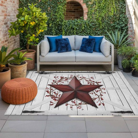 Outdoor Rug 3x5 ft Red Barn Star Berry Outdoor Large Area Rug Non Slip Rubber Rustic Farmhouse Door Wall Front Door Mat RV Rug Carpet Patio Outdoor Rugs for Backyard Balcony Deck Porch Indoor