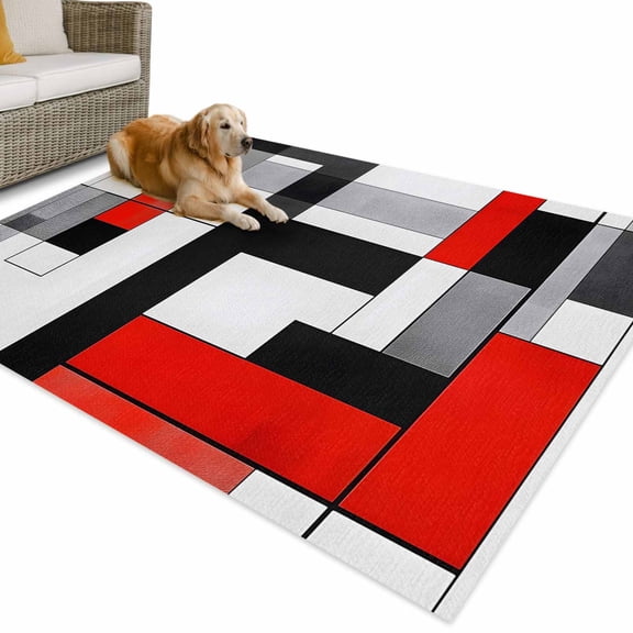Outdoor Rug 3x5 ft Red Black Squares Waterproof Outdoor Patio Rug Mat Non Slip Outside Area Rugs Carpet for RV,Camping,Porch,Deck,Pool,Balconybackyard,Abstract Geometric Art