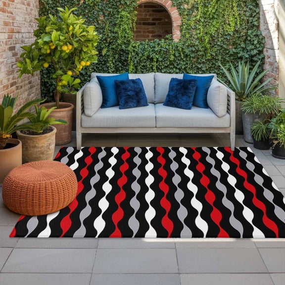 Outdoor Rug 3x5 ft Red Black Wave Stripes Outdoor Large Area Rug Non Slip Rubber Geometric Twists Striped Front Door Mat RV Rug Carpet Patio Outdoor Rugs for Backyard Balcony Deck Porch Indoor
