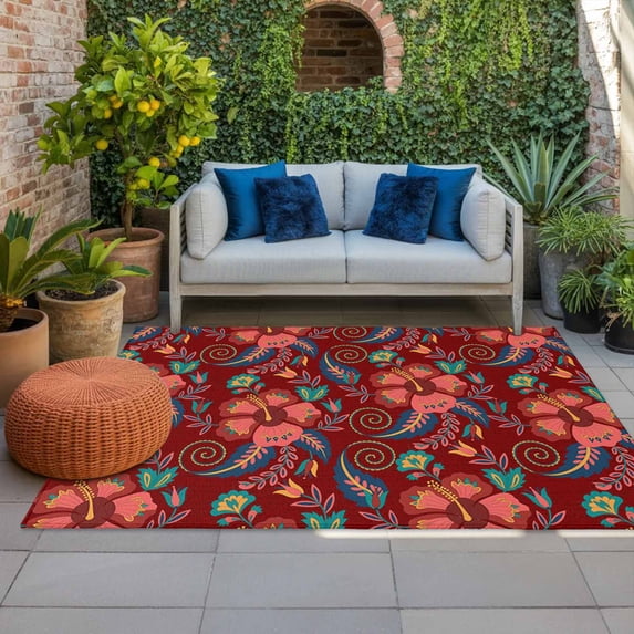 Outdoor Rug 3x5 ft Red Boho Floral Outdoor Large Area Rug Non Slip Rubber Vintage Abstract Flower Front Door Mat RV Rug Camping Carpet Patio Outdoor Rugs for Backyard Balcony Deck Porch Indoor
