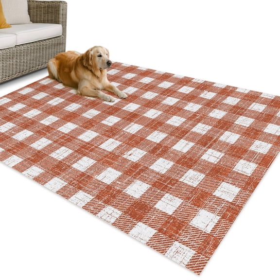 Outdoor Rug 3x5 ft Red Orange Buffalo Plaid Waterproof Outdoor Patio Rug Mat Non Slip Outside Area Rugs Carpet for RV,Camping,Porch,Deck,Pool,Balcony,Backyard, Classic Checked Stripes