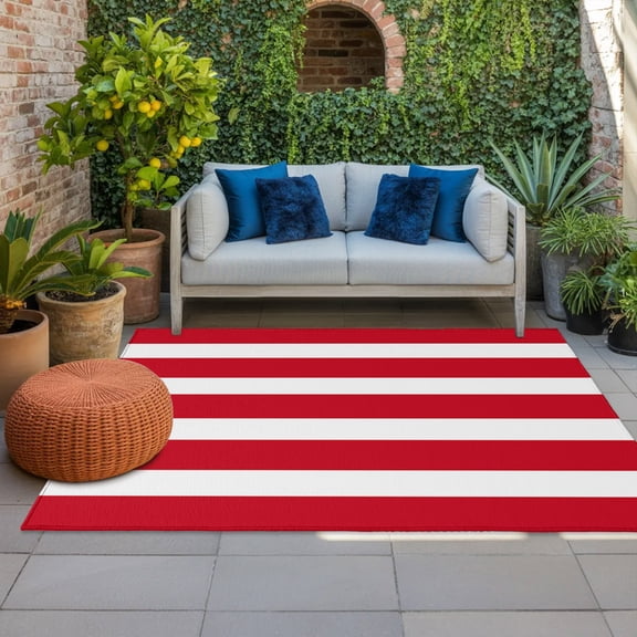 Outdoor Rug 3x5 ft Red Stripes Outdoor Large Area Rug Non Slip Rubber Classic Striped Lines Front Door Mat RV Rug Camping Carpet Patio Outdoor Rugs for Backyard Balcony Deck Porch Indoor