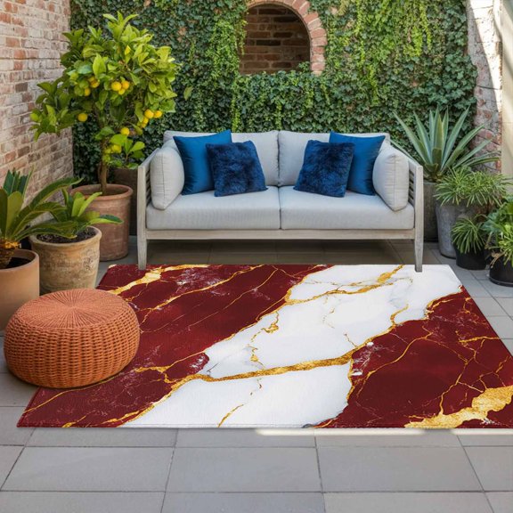 Outdoor Rug 3x5 ft Red White Marble Outdoor Large Area Rug Non Slip Rubber Gold Abstract Art Front Door Mat RV Rug Camping Carpet Patio Outdoor Rugs for Backyard Balcony Deck Porch Indoor