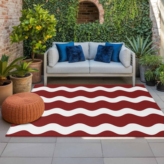 Outdoor Rug 3x5 ft Red and White Stripes Outdoor Large Area Rug Non Slip Rubber Sea Wave Front Door Mat RV Rug Camping Carpet Patio Outdoor Rugs for Backyard Balcony Deck Porch Indoor