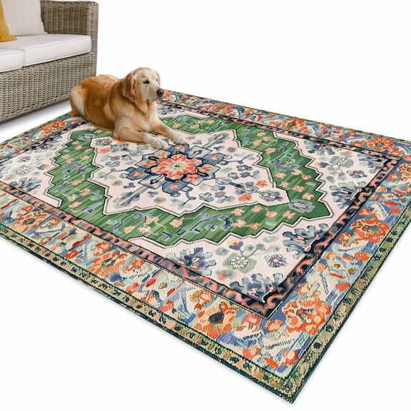 Outdoor Rug 3x5 ft Retro Boho Waterproof Outdoor Patio Rug Mat Non Slip Outside Area Rugs Carpet for RV,Camping,Porch,Deck,Pool,Balconybackyard,Aztec Southwest Tribal Floral Pattern Green Orange