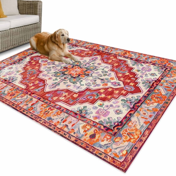 Outdoor Rug 3x5 ft Retro Boho Waterproof Outdoor Patio Rug Mat Non Slip Outside Area Rugs Carpet for RV,Camping,Porch,Deck,Pool,Balconybackyard,Aztec Southwest Tribal Floral Pattern Red Orange