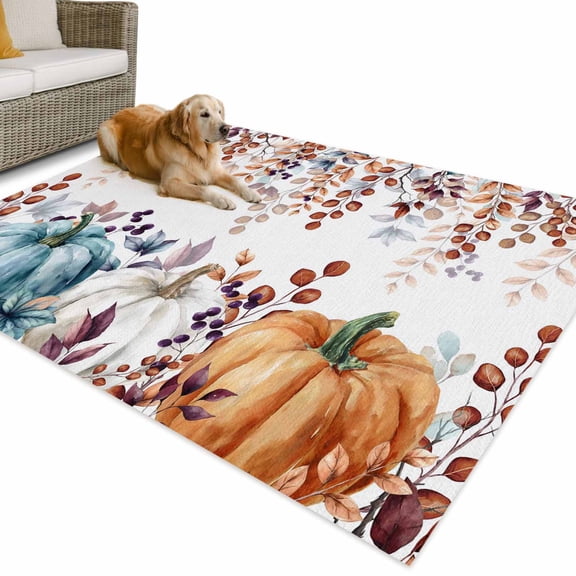 Outdoor Rug 3x5 ft Rustic Fall Thanksgiving Waterproof Outdoor Patio Rug Mat Non Slip Outside Area Rugs Carpet for RV,Camping,Porch,Deck,Pool,Balconybackyard,Orange Blue White Pumpkins Leaf