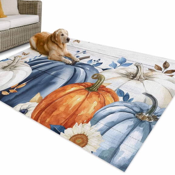Outdoor Rug 3x5 ft Rustic Fall Thanksgiving Waterproof Outdoor Patio Rug Mat Non Slip Outside Area Rugs Carpet for RV,Camping,Porch,Deck,Pool,Balconybackyard,White Orange Blue Pumpkin Floral Leaf