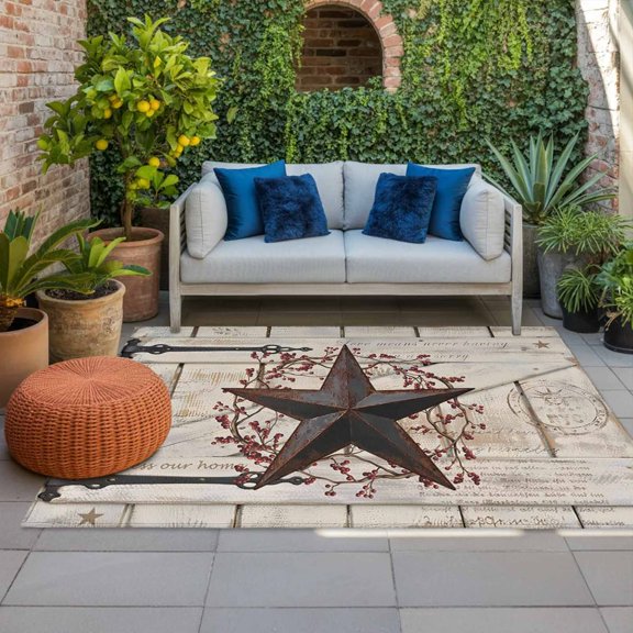 Outdoor Rug 3x5 ft Rusty Barn Star Doors Outdoor Large Area Rug Non Slip Rubber Berry Retro Rustic Walls Front Door Mat RV Rug Carpet Patio Outdoor Rugs for Backyard Balcony Deck Porch Indoor