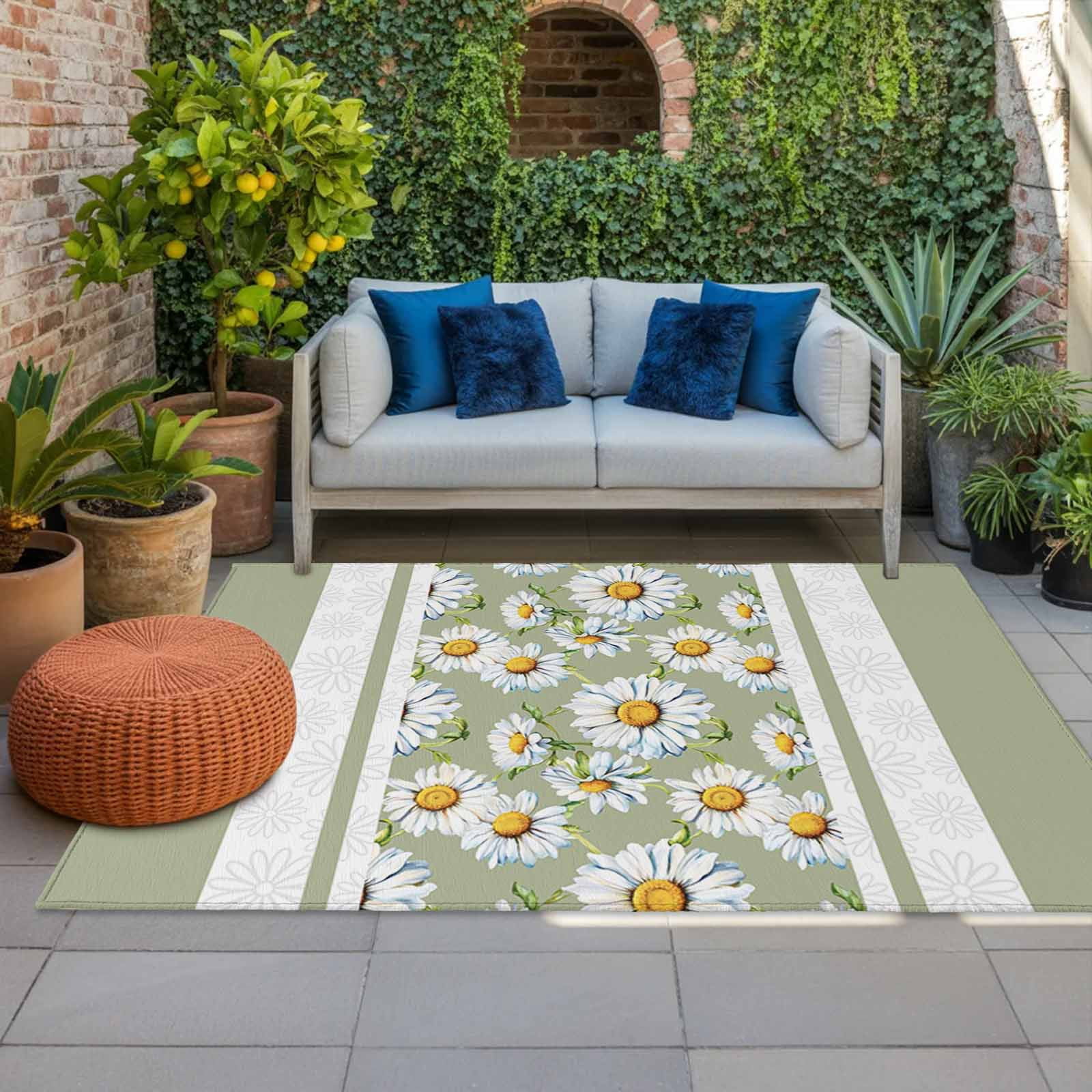 Outdoor Rug 3x5 ft Sage Green Daisy Outdoor Large Area Rug Non Slip ...