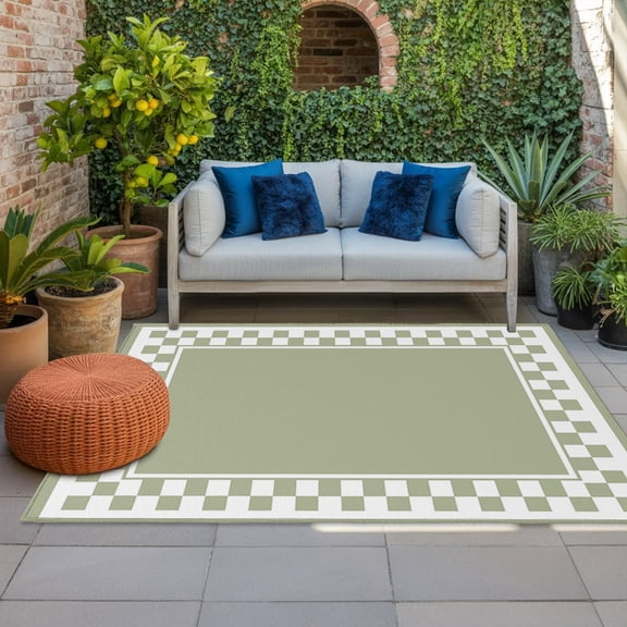 Outdoor Rug 3x5 ft Sage Green Squares Outdoor Large Area Rug Non Slip Rubber Modern Block Checkered Border Front Door Mat RV Rug Camping Carpet Patio Outdoor Rugs for Backyard Balcony Deck Porch