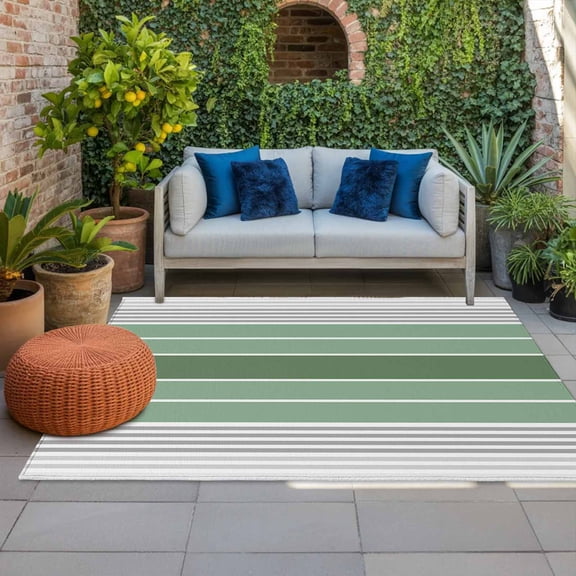 Outdoor Rug 3x5 ft Sage Green Striped Outdoor Large Area Rug Non Slip Rubber Grey Lines Stripes Front Door Mat RV Rug Camping Carpet Patio Outdoor Rugs for Backyard Balcony Deck Porch Indoor