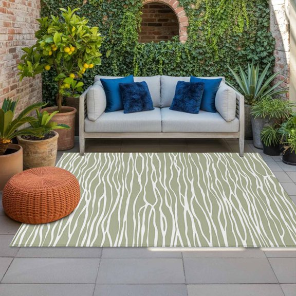 Outdoor Rug 3x5 ft Sage Green Stripes Outdoor Large Area Rug Non Slip Rubber Waves Lines Striped Front Door Mat RV Rug Camping Carpet Patio Outdoor Rugs for Backyard Balcony Deck Porch Indoor