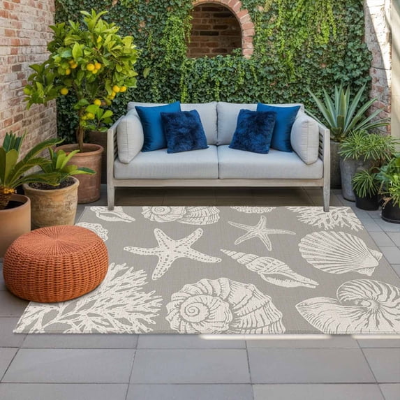 Outdoor Rug 3x5 ft Shell Starfish Outdoor Large Area Rug Non Slip Rubber Grey Coastal Coral Conch Front Door Mat RV Rug Camping Carpet Patio Outdoor Rugs for Backyard Balcony Deck Porch Indoor