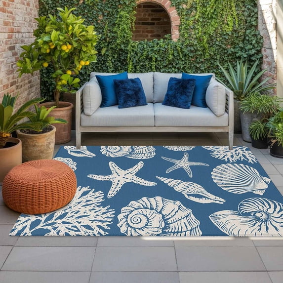 Outdoor Rug 3x5 ft Shell Starfish Outdoor Large Area Rug Non Slip Rubber Lake Blue Coastal Coral Conch Front Door Mat RV Rug Camping Carpet Patio Outdoor Rugs for Backyard Balcony Deck Porch Indoor