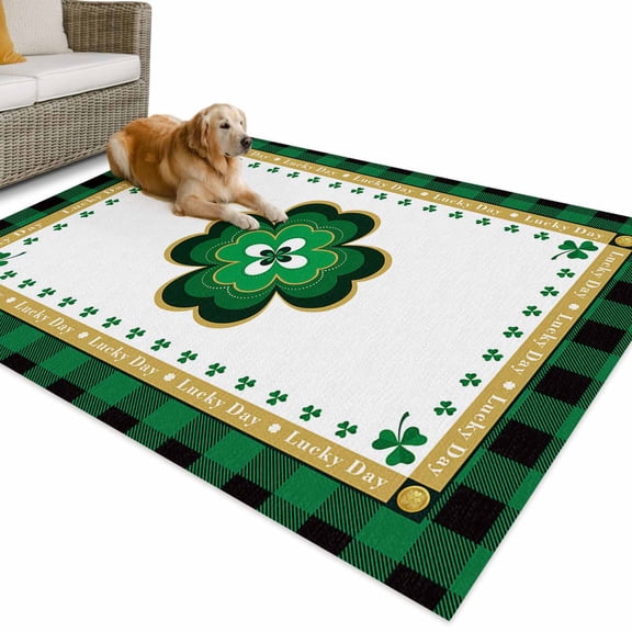 Outdoor Rug 3x5 ft St. Patrick's Lucky Day Clovers Shamrock Waterproof Outdoor Patio Rug Mat Non Slip Outside Area Carpet for RV,Camping,Porch,Deck,Pool,Balconybackyard,Green Buffalo Check Plaids