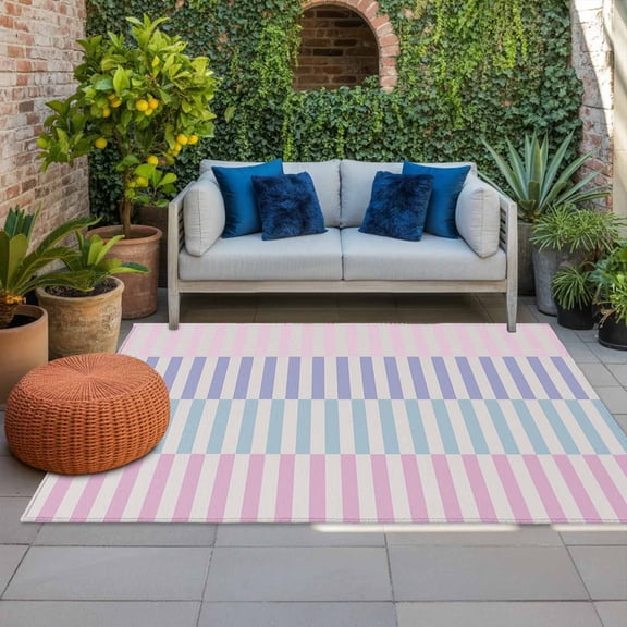 Outdoor Rug 3x5 ft Stripes Lines Outdoor Large Area Rug Non Slip Rubber Pink Purple Blue Striped Front Door Mat RV Rug Camping Carpet Patio Outdoor Rugs for Backyard Balcony Deck Porch Indoor