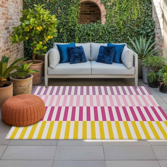 Outdoor Rug 3x5 ft Stripes Lines Outdoor Large Area Rug Non Slip Rubber Pink Purple Yellow Striped Front Door Mat RV Rug Camping Carpet Patio Outdoor Rugs for Backyard Balcony Deck Porch Indoor