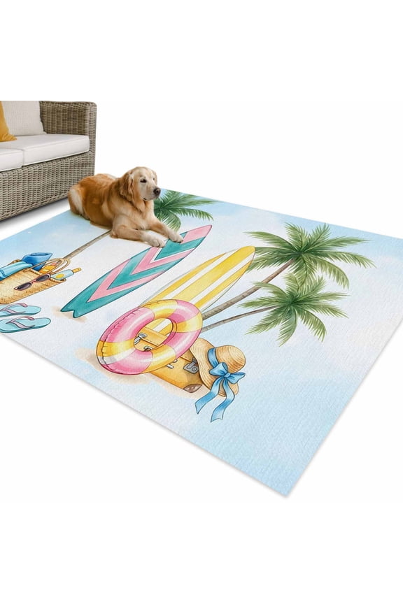 Outdoor Rug 3x5 ft Summer Palm Trees Waterproof Outdoor Patio Rug Mat Non Slip Outside Area Rugs Carpet for RV,Camping,Porch,Deck,Pool,Balcony,Backyard, Beach Hat Bag Surfboard