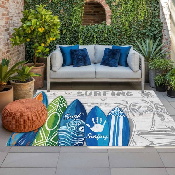 Outdoor Rug 3x5 ft Summer Surfing Outdoor Large Area Rug Non Slip Rubber Beach Palm Tree Gray Wood Grain Front Door Mat RV Rug Carpet Patio Outdoor Rugs for Backyard Balcony Deck Porch Indoor