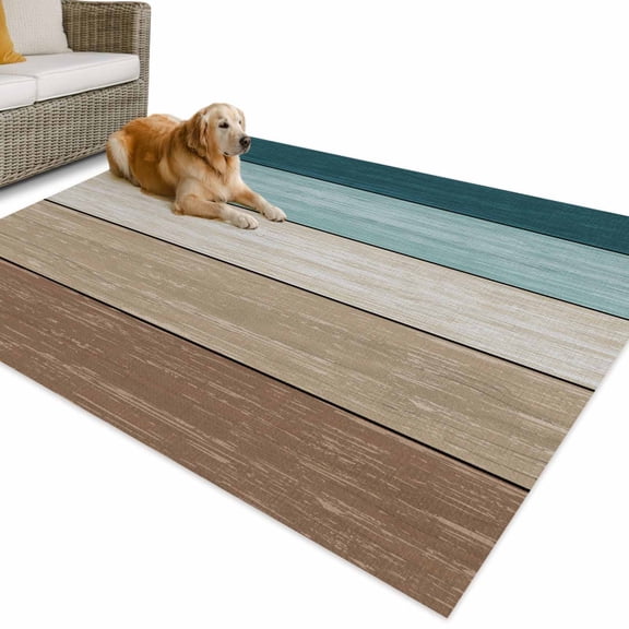 Outdoor Rug 3x5 ft Teal Blue Brown Barn Wood Textured Waterproof Outdoor Patio Rug Mat Non Slip Outside Area Rugs Carpet for RV,Camping,Porch,Deck,Pool,Balconybackyard,Rustic Farmhouse