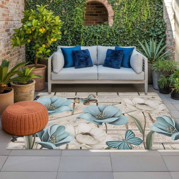 Outdoor Rug 3x5 ft Teal Blue Tulip Outdoor Large Area Rug Non Slip Rubber Butterfly Farmhouses Barn Doors Front Door Mat RV Rug Carpet Patio Outdoor Rugs for Backyard Balcony Deck Porch Indoor