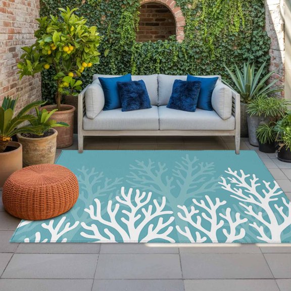 Outdoor Rug 3x5 ft Teal Coastal Coral Reef Outdoor Large Area Rug Non Slip Rubber Ocean Marine Life Seaweed Front Door Mat RV Rug Camping Carpet Patio Outdoor Rugs for Backyard Balcony Deck Porch